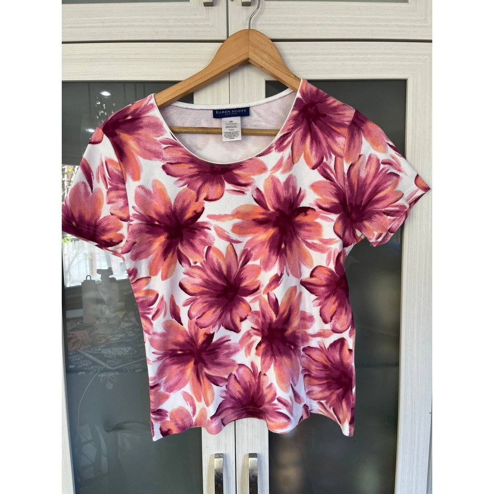 Karen Scott Petites Womens Pink Floral Cotton Short Sleeve Scoop Neck Top S/P